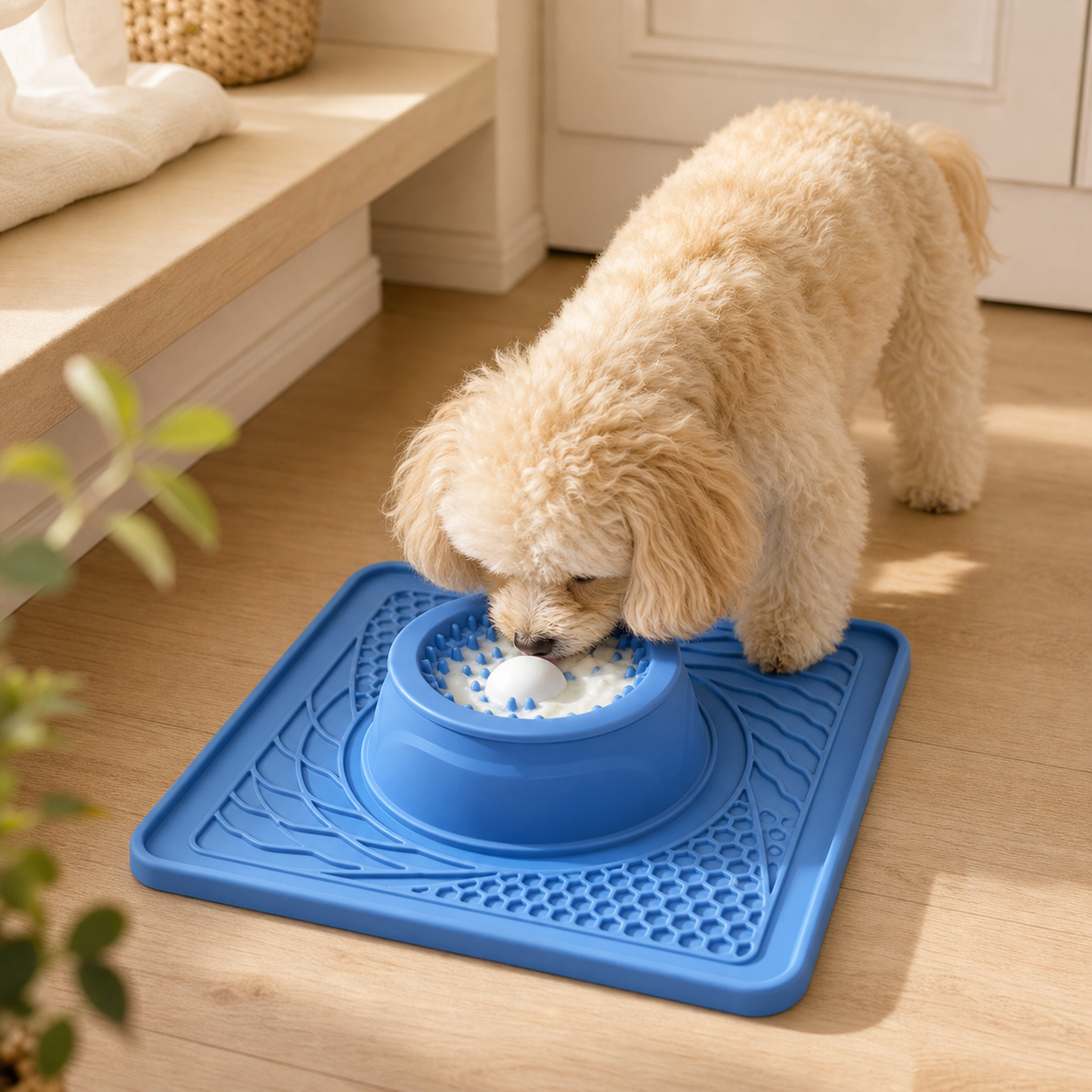 Dog using slow feeder bowl